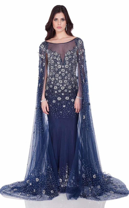 Terani Couture - Crystal  Embellished Cape Detail Starry Night Evening Gown 1622GL1996 In Blue and Silver