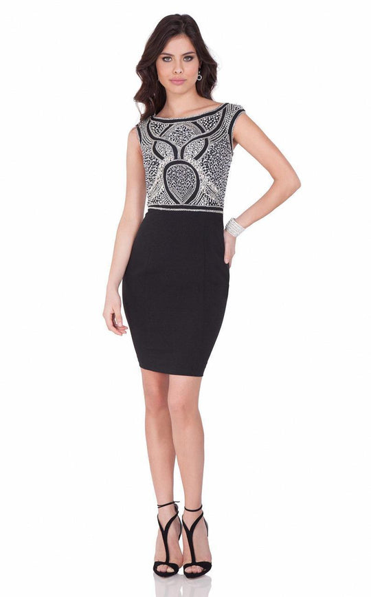Terani Couture - 1623C1381 Beaded Bateau Neck Cap Sleeves Short Dress In Black and White