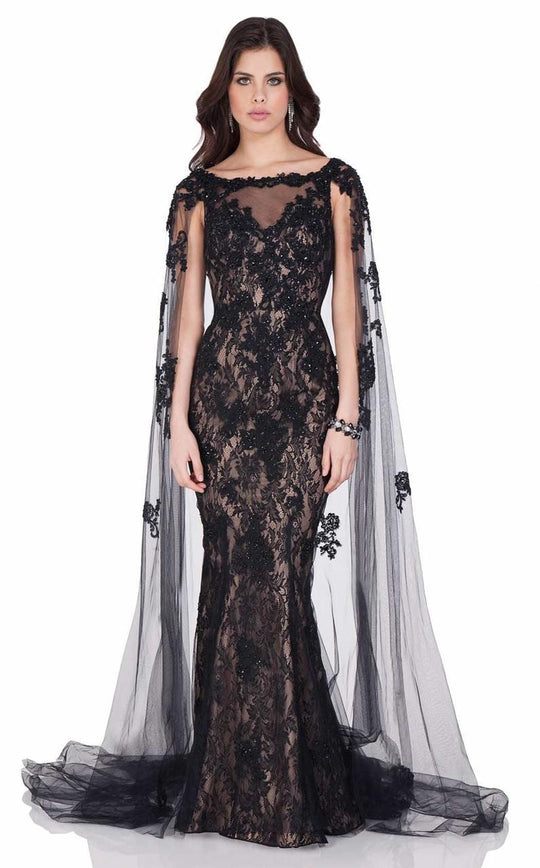 Terani Couture - Beaded Floral Laced Bateau Neck Fit and Flare Gown with Sheer Cape 1623E1670 In Black and Neutral