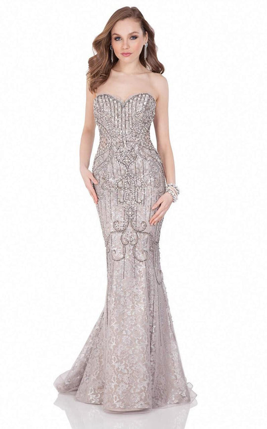 Terani Couture - Strapless Dazzling Gown 1623GL2031 In Silver