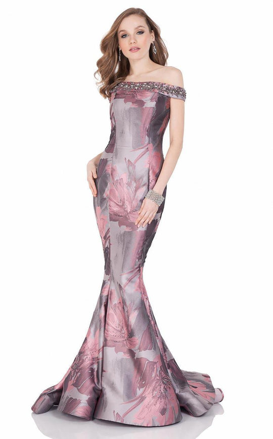 Terani Couture - Bedazzled Off-Shoulder Floral Brocade Gown 1623M1833 In Rose Taupe