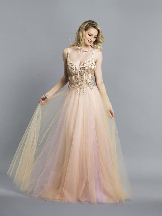 Dave & Johnny - A7290 Embellished Plunging V-neck A-line Dress In Nude