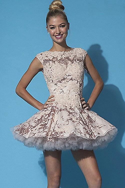 Lace Embellished Cap Sleeves Tulle Flare Skirt 88259
