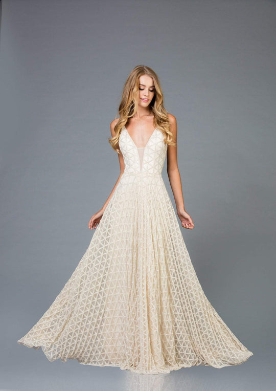 Scala - 48952 Beaded Deep V-neck Tulle A-line Dress In Neutral