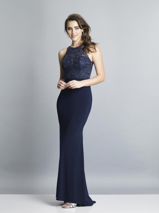 Dave & Johnny - A7300 Embellished Halter Trumpet Dress With Train In Blue