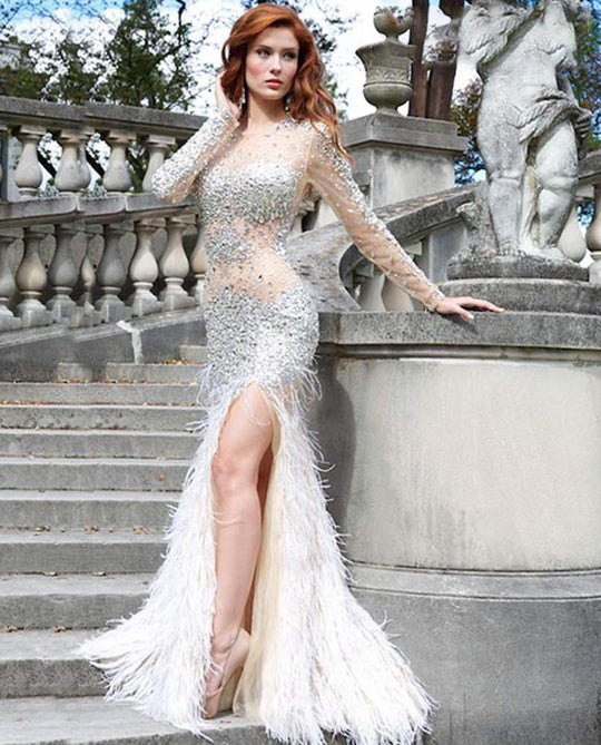 73073 Sheer Embellished Feathery Gown