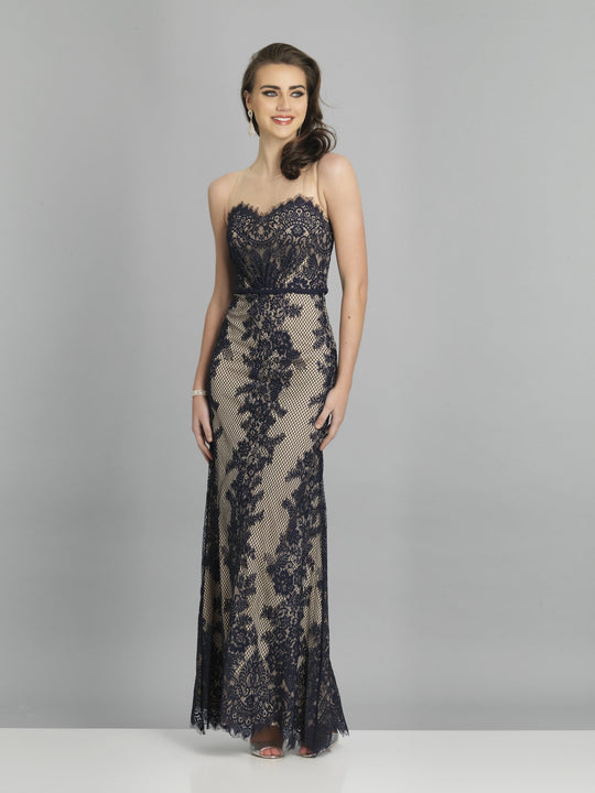 Dave & Johnny - A7315 Lace Embroidered Illusion Neck Sheath Dress In Blue