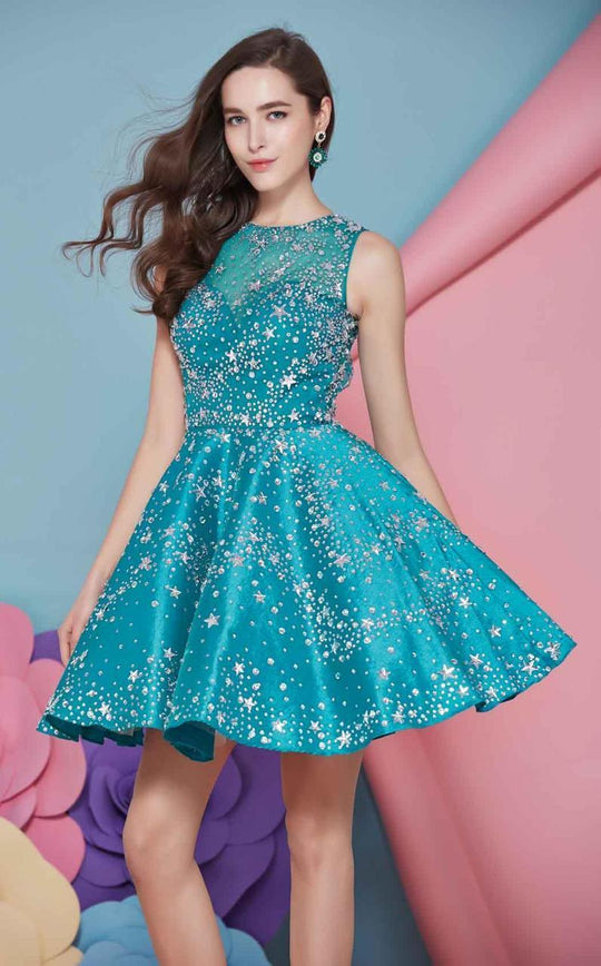 Angela & Alison - 62010 Sleeveless Star-Studded A-Line Dress In Blue and Green