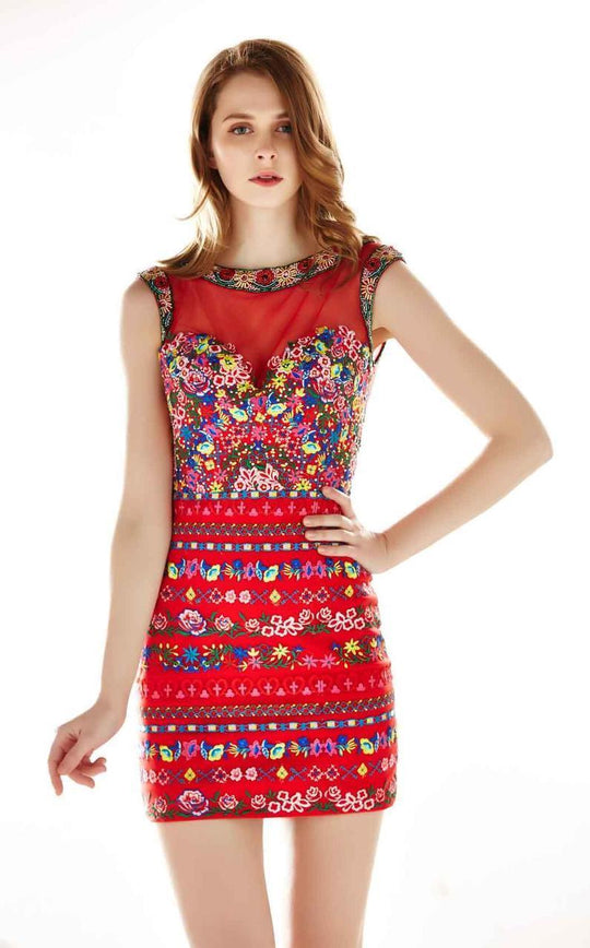 Angela & Alison - 62039 Floral Embroidered Cocktail Dress In Red and Multi-Color