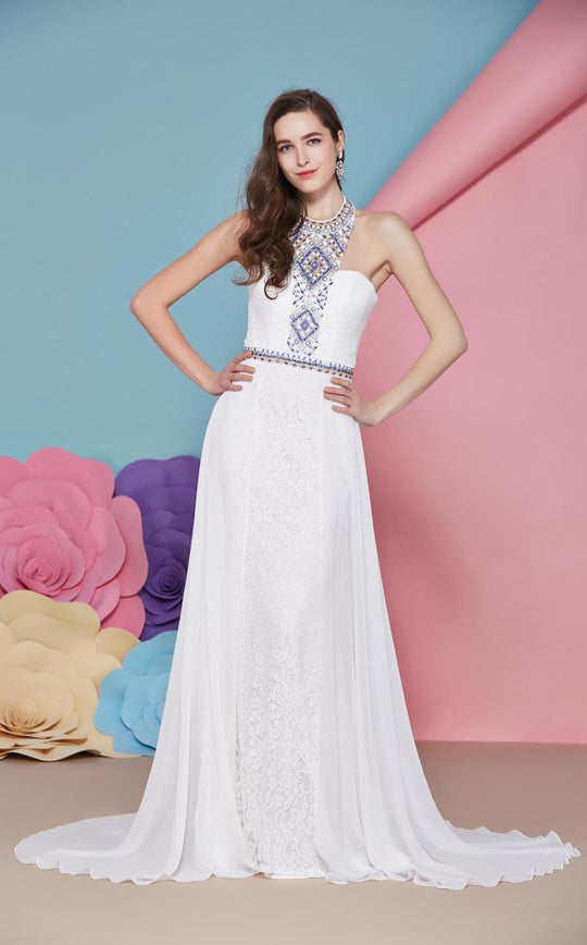 Angela & Alison - 62051 Beaded Lace Evening Gown  In White and Multi-Color