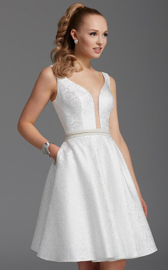 Clarisse - 2910 Sheer Plunging Neck Cocktail Dress in White