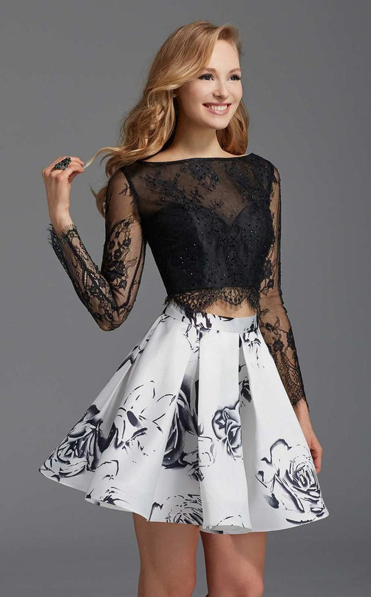 Clarisse - 2917 Two-Piece Lace Pleated Short Dress  in Black and White