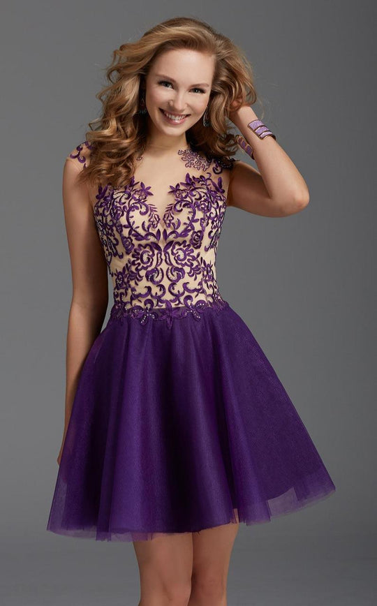 Clarisse - 2918 Embroidered Illusion Tulle Dress in Purple