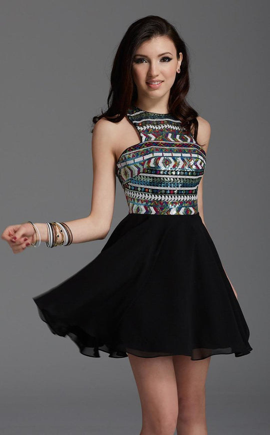 Clarisse - 2925 Geometric Sequined Print Cocktail Dress in Black and Multi-Color