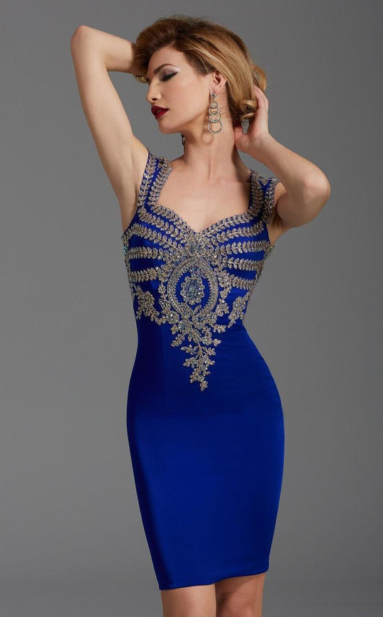 Clarisse - 2934 Gilded V-neck Sheath Dress in Blue