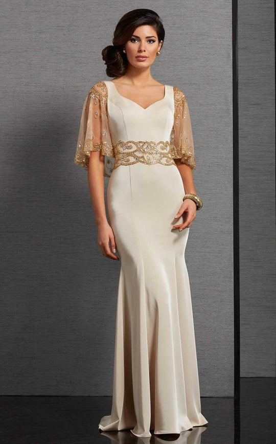 Clarisse - 6302 Fitted Capelet Evening Gown in Neutral and Gold