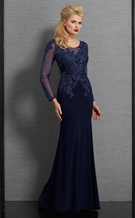 Clarisse - 6333 Beaded Lace Long Sleeves Evening Gown in Blue