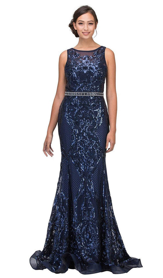 Eureka Fashion - 7335 Sequined Mesh Bateau Mermaid Dress in Blue
