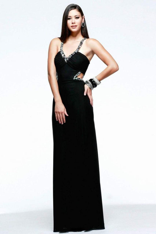 7348 Plunging V-Neck Cutout Mesh Gown