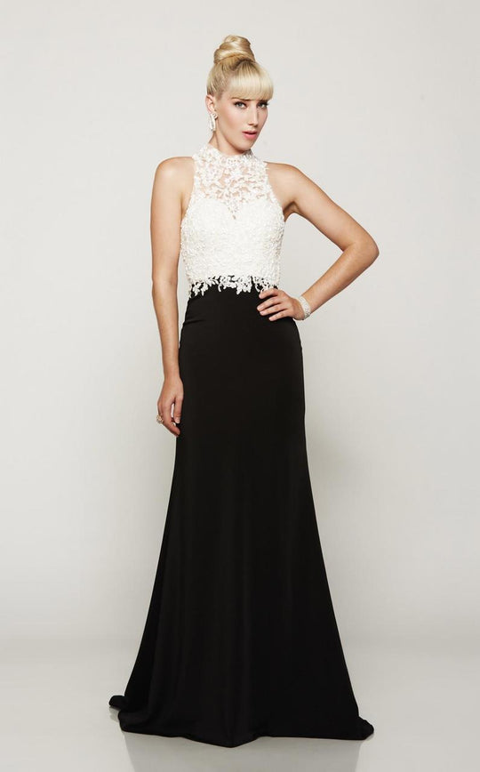 Milano Formals - High Halter Illusion Lace Gown in White and Black