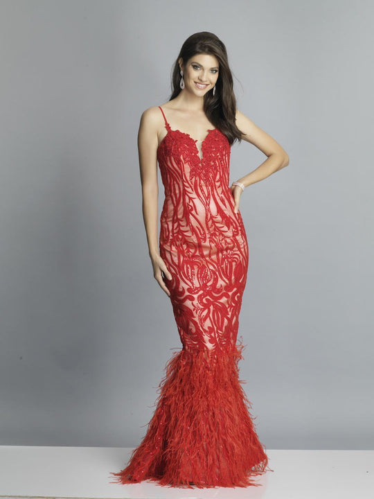 Dave & Johnny - A7369 Lace Embroidered Deep Sweetheart Mermaid Dress In Red