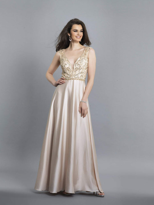 Dave & Johnny - A7376 Bead Embellished Plunging V-Neck Gown In Neutral