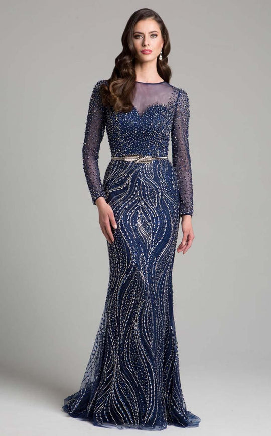 Lara Dresses - 32953 Beaded Long Sleeves Sheath Long Dress In Blue