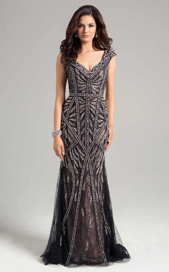 Lara Dresses - 32962 Beaded V Neck Cap Sleeves Long Dress In Black