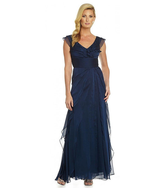 Adrianna Papell - 81844461 Cap Sleeve Tiered Chiffon A-Line Gown in Blue