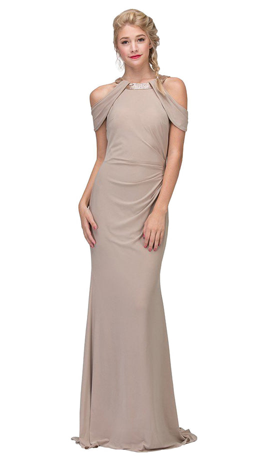 Embellished Jewel Neck Satin Sheath Evening Dress