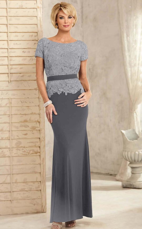 Christina Wu Elegance - 17825 Bateau Short Sleeves Evening Dress in Gray