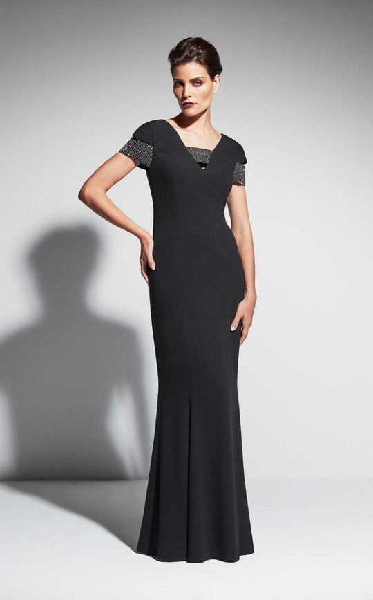 Daymor Couture - Short Sleeve V-Neck Long Dress 459 in Black