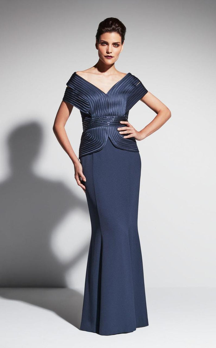 Daymor Couture - Off Shoulder Cinched Peplum Evening Dress 461 in Gray