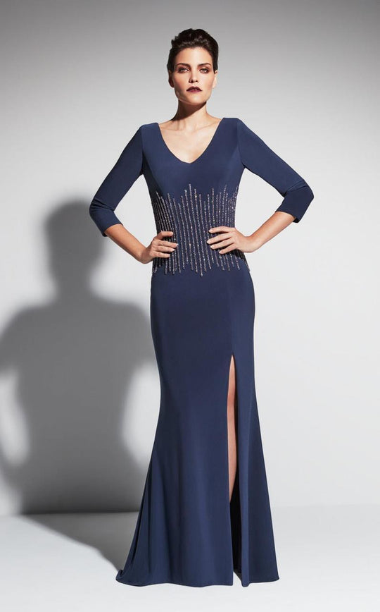 Daymor Couture - Bejeweled V-neck Sheath Dress 463 in Blue