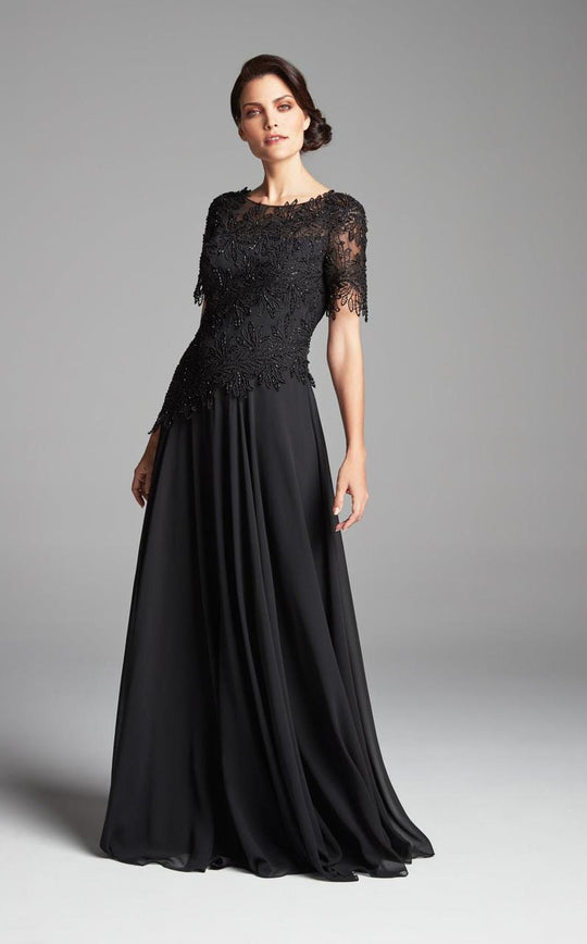 Daymor Couture - Floral Lace A-line Dress 465 in Black