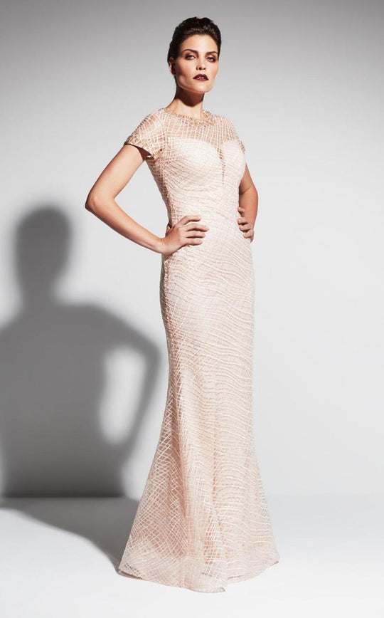 Daymor Couture - Bejewelled Short Sleeves Evening Dress 473 in Gold