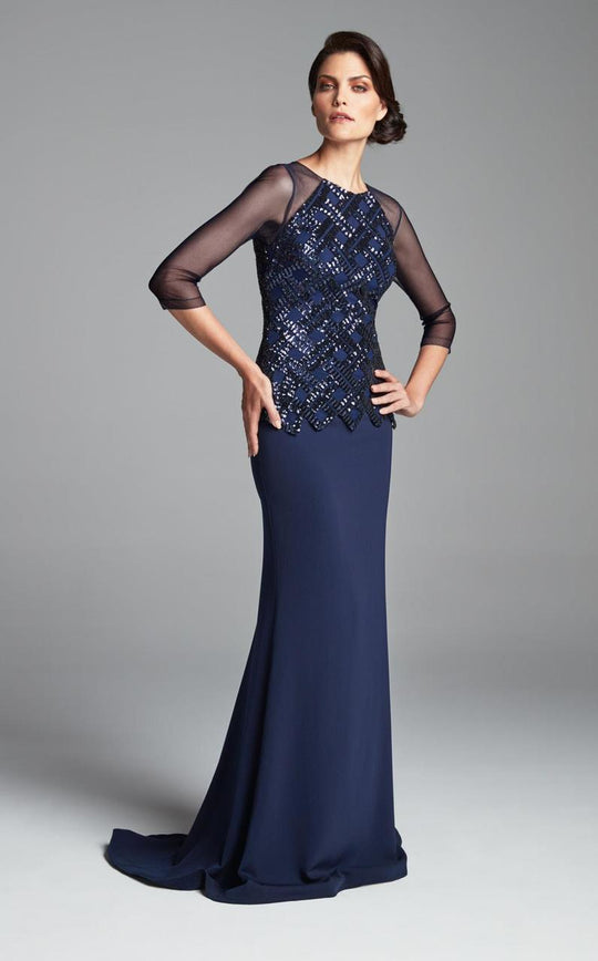 Daymor Couture - Sequined Illusion Sleeved Evening Dress 474 in Blue