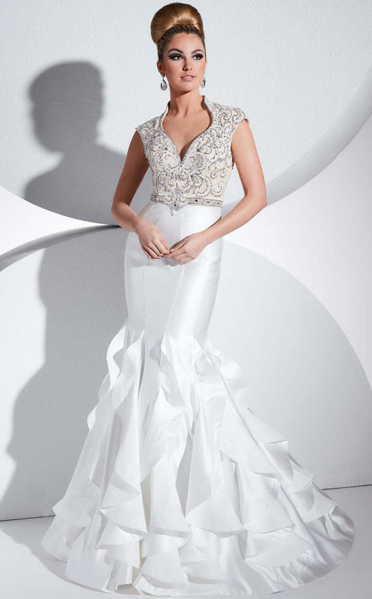 Panoply - Opulent Sweetheart Ruffled Satin Mermaid Gown 44288 In White and Neutral