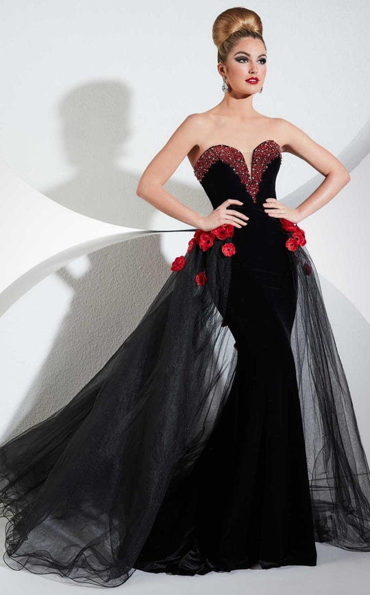 Panoply - Contrast Rosette Sweetheart Velvet Trumpet Gown 44289J In Black and Red
