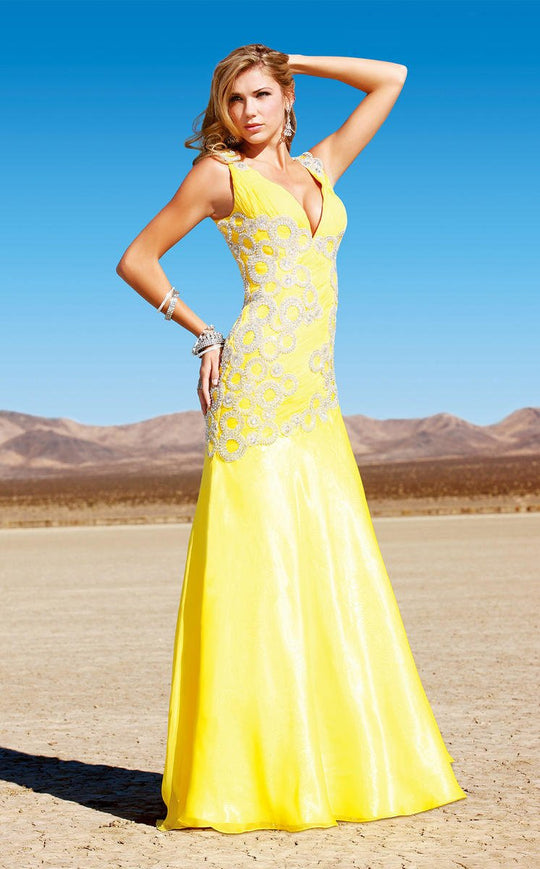 MNM Couture - 7416 Embellished V-neck A-line Dress in Yellow