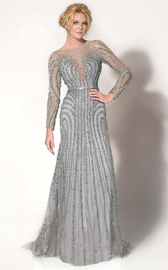 MNM Couture - 10836 Illusion Bateau Neck A-Line Dress in Silver
