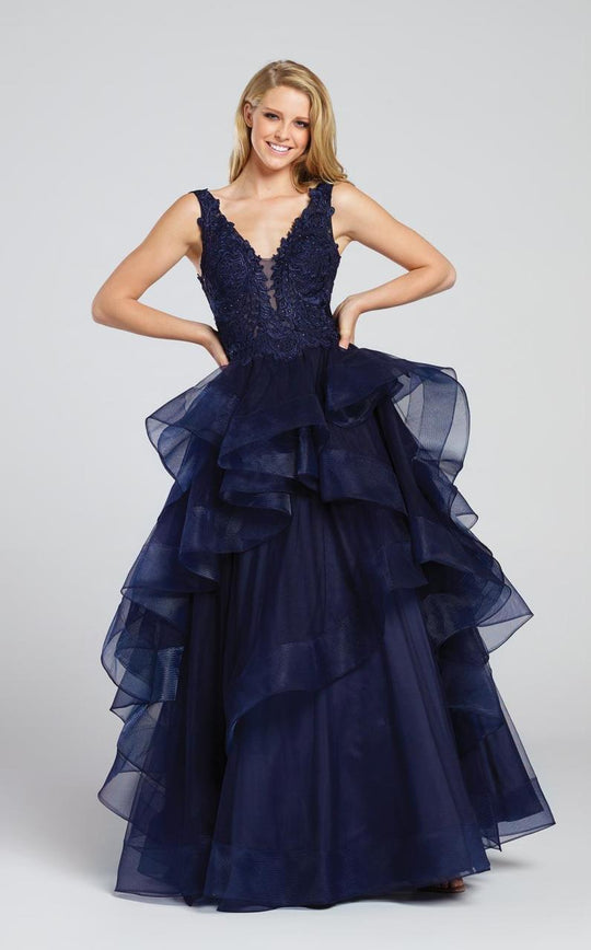 Ellie Wilde Plunging Lace Ruffled Tulle Ballgown EW117081 In Blue