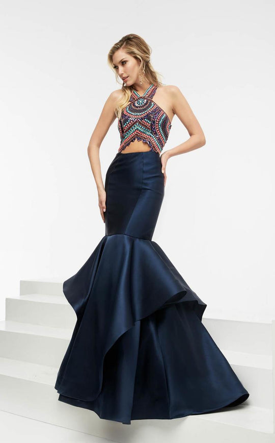 Jasz Couture - Beaded Halter Mermaid Evening Gown 5934 in Blue and Multi-Color