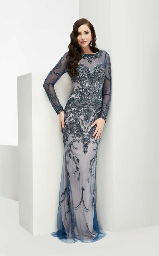 Jasz Couture - Sheer Long Sleeve Beaded Gown 5970 in Blue and Neutral