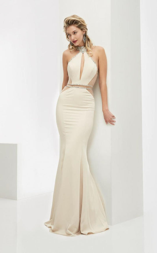 Jasz Couture - Embellished Halter Neck Daring Long Gown 5986 in Neutral
