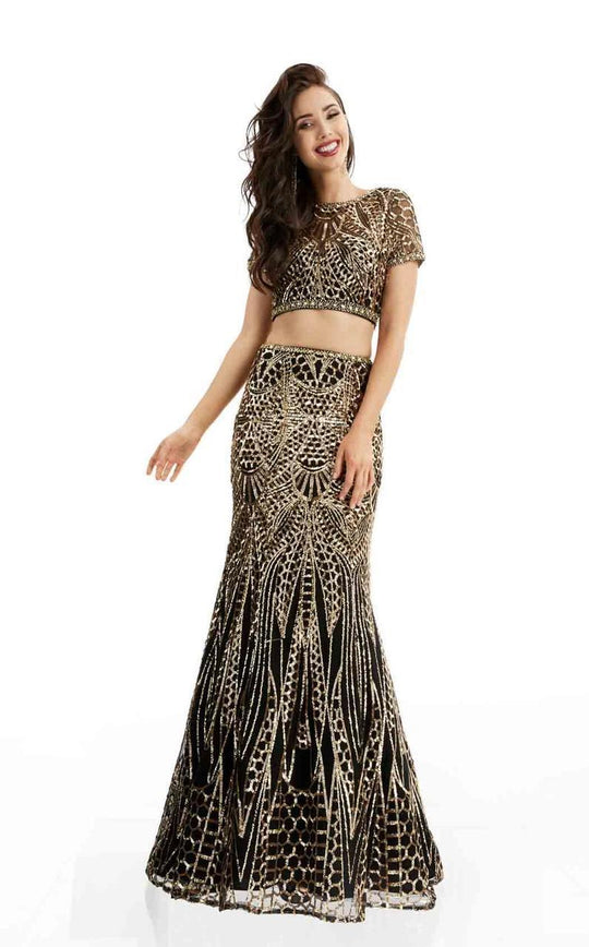 Jasz Couture - Sparkling Sequined Two-Piece Evening Dress 6001 in Black and Gold