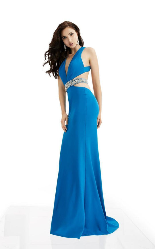 Jasz Couture - Plunging V-Neck Cinched Long Gown 6023 in Blue