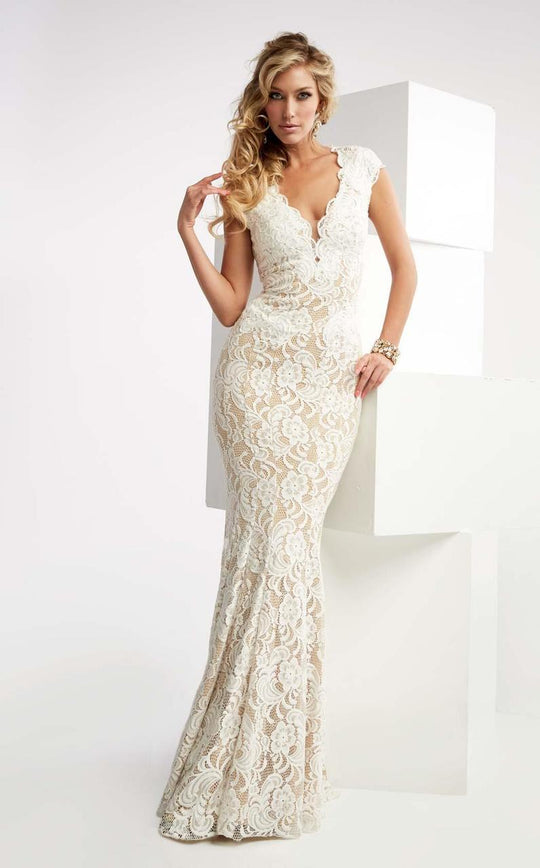 Jasz Couture - V-Neck Floral Lace Evening Gown 6025 in White