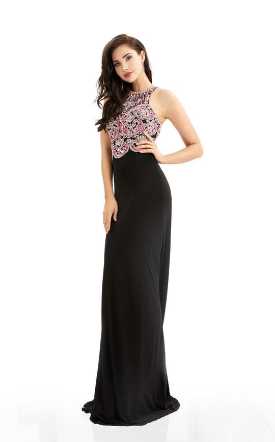 Jasz Couture - Beaded Halter Neck Evening Gown 6083 in Black and Pink