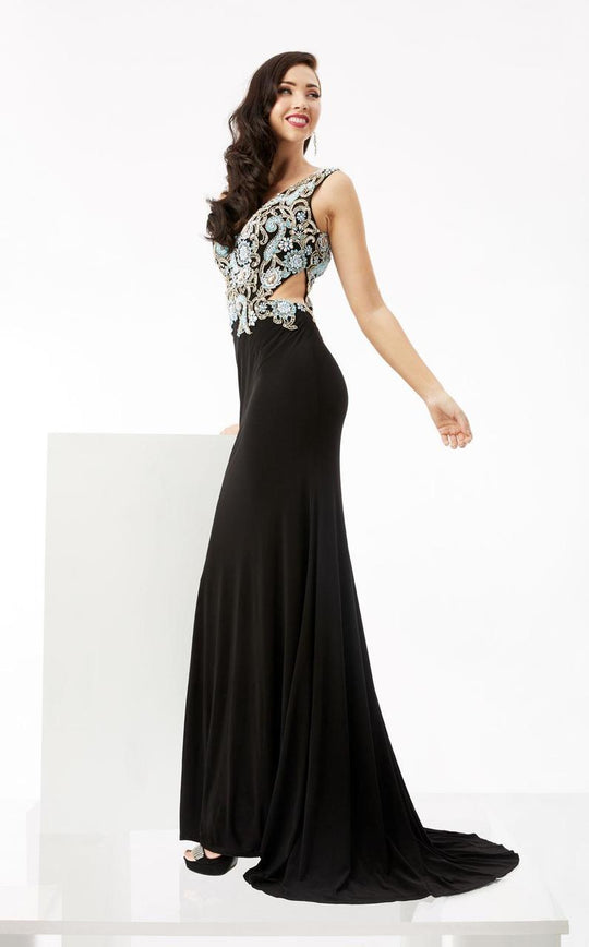 Jasz Couture - V-Neck Beaded Jersey Gown 6090 in Black